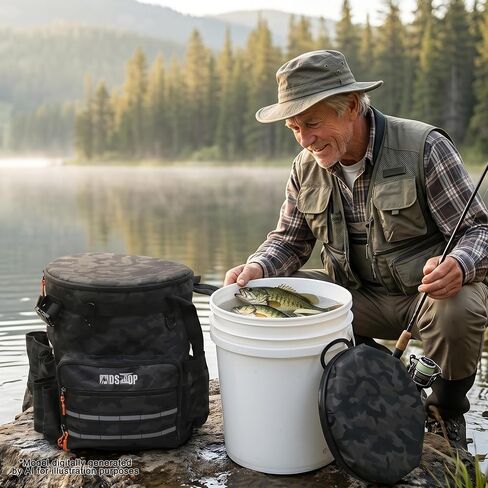 MDSTOP Fishing Bucket Backpack for 5 Gallon Bucket with Seat, Fishing Tackle Bag with Adjustable Buckle, Rod & Plier Holder and Multi-Pockets for Storage in Kuwait