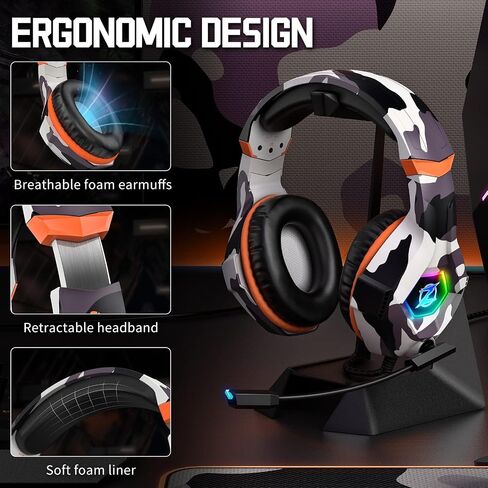 Ozeino Gaming Headset for PC, Ps4, Ps5, Xbox Headset with 7.1 Surround Sound, Gaming Headphones with Noise Cancelling Mic RGB Light Over Ear Headphones for Xbox Series X/S, Switch-Camo in Kuwait