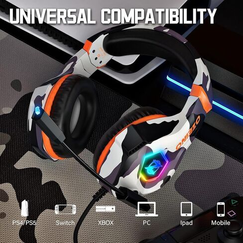 Ozeino Gaming Headset for PC, Ps4, Ps5, Xbox Headset with 7.1 Surround Sound, Gaming Headphones with Noise Cancelling Mic RGB Light Over Ear Headphones for Xbox Series X/S, Switch-Camo in Kuwait