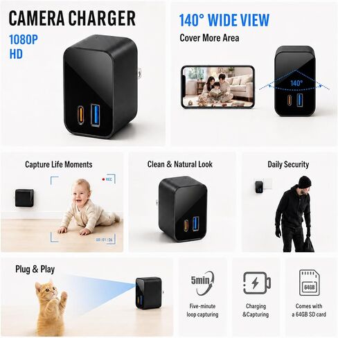 USB Charger Hidden Camera 1080P for Home Security with SD Support, Mini Indoor Security Camera with Video Capture, Local Storage, Micro SD Card Up to 128GB for Home, Office, Baby & Pet Monitor in Kuwait