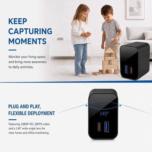 USB Charger Hidden Camera 1080P for Home Security with SD Support, Mini Indoor Security Camera with Video Capture, Local Storage, Micro SD Card Up to 128GB for Home, Office, Baby & Pet Monitor in Kuwait