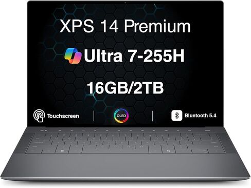 Dell XPS 14 Premium Laptop DA14250, 14.5" 3.2K OLED Touchscreen Display, Intel Core Ultra 7 255H, 16GB LPDDR5X RAM, 1TB PCIe SSD, Backlit Keyboard, Fingerprint Reader, WiFi 7, Windows 11 Pro in Kuwait