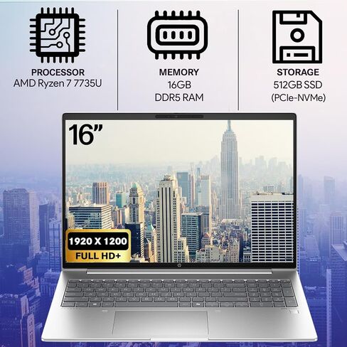 HP ProBook 465 460 G11 Business Laptop 16 FHD+ Display, AMD Ryzen 7 7735U, 16GB DDR5 RAM, 512GB NVMe, Wi-Fi 6E, RJ-45, Webcam, Backlit Keyboard, Win 11 Pro - Pike Silver Aluminum in Kuwait