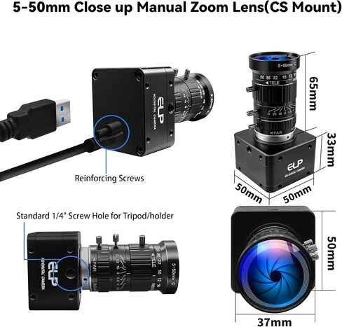 USB3.0 4K 60fps High Speed Industrial Camera,CS-Mount 10X Manual 5-50mm Varifocal Zoom Lens,3840×2160 Resolution,Plug and Play,Compatible with Windows, Linux Mac Android PC Jetson Nano in Kuwait
