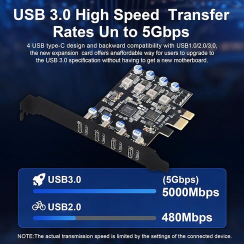 PCIe USB 3.0 Card 4 Port, 5Gbps USB C PCI Express Expansion Card with Renesas UPD720201 Chip, Add 4 x USB Type-C Ports to Desktop PC - No External Power Required, for Windows/Linux in Kuwait
