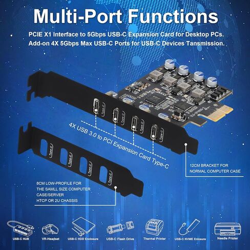 PCIe USB 3.0 Card 4 Port, 5Gbps USB C PCI Express Expansion Card with Renesas UPD720201 Chip, Add 4 x USB Type-C Ports to Desktop PC - No External Power Required, for Windows/Linux in Kuwait