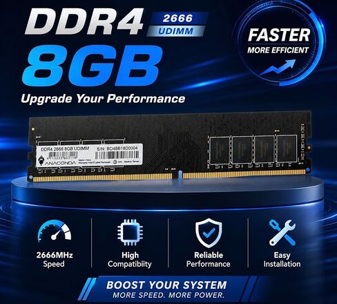 ANACOMDA 8GB DDR4 2666MHz Desktop RAM, 288-Pin UDIMM CL19 Memory Module, Stable & Reliable PC Upgrade, Meets JEDEC & RoHS Standards, Made in Taiwan in Kuwait