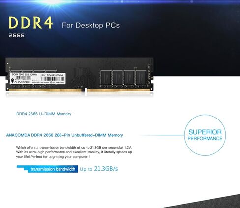 ANACOMDA 8GB DDR4 2666MHz Desktop RAM, 288-Pin UDIMM CL19 Memory Module, Stable & Reliable PC Upgrade, Meets JEDEC & RoHS Standards, Made in Taiwan in Kuwait