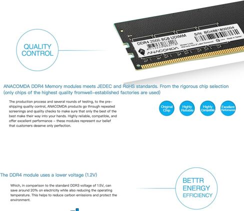 ANACOMDA 8GB DDR4 2666MHz Desktop RAM, 288-Pin UDIMM CL19 Memory Module, Stable & Reliable PC Upgrade, Meets JEDEC & RoHS Standards, Made in Taiwan in Kuwait