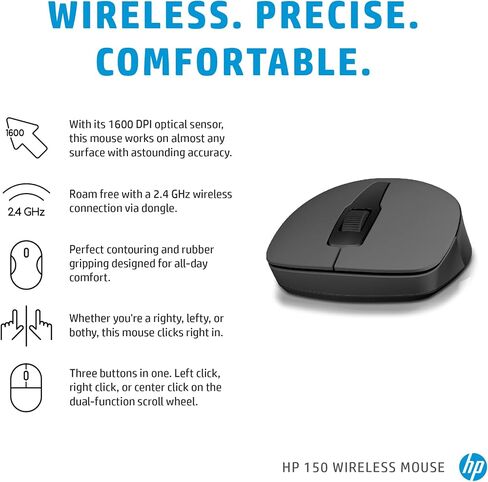 HP 150 Wireless Mouse, 3-Button with Dual Control Scroll Wheel 1600 DPI Optical Sensor with Ergonomic Design for All-Day Comfort for Lefty or Righty Use (2S9L1AA#ABL) in Kuwait