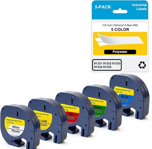 5-Pack Compatible for Dymo Letratag Refills Colored Plastic Label Tape, Replace for Dymo Label Maker Refills 1/2" x 13' (12mm x 4mm) Work for Dymo LT-100H LT-100T Handheld Label Printer ﻿ in Kuwait