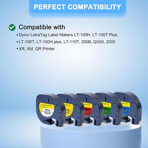 5-Pack Compatible for Dymo Letratag Refills Colored Plastic Label Tape, Replace for Dymo Label Maker Refills 1/2" x 13' (12mm x 4mm) Work for Dymo LT-100H LT-100T Handheld Label Printer ﻿ in Kuwait
