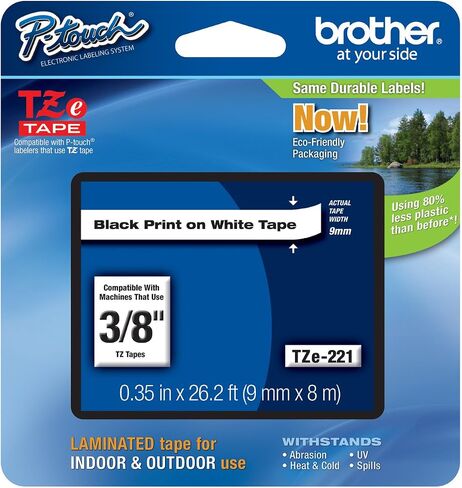 Genuine Brother 3/8" (9mm) Black on White TZe P-Touch Tape for Brother PT-H300, PTH300 Label Maker with Free TZe Tape Guide Included in Kuwait