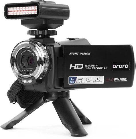 ORDRO HDV-V12 Video Camera Full HD Camcorder Digital Recorder | 1080P 30FPS 30MP | 3.0 Inch Rotation LCD | 16X Digital Zoom | Infrared Night Vision - Black (V12+LN-3 IR Light) in Kuwait