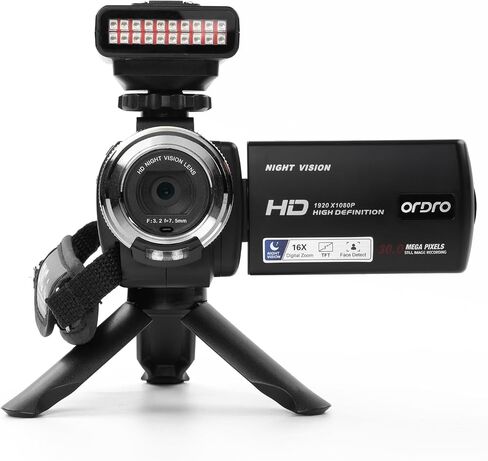 ORDRO HDV-V12 Video Camera Full HD Camcorder Digital Recorder | 1080P 30FPS 30MP | 3.0 Inch Rotation LCD | 16X Digital Zoom | Infrared Night Vision - Black (V12+LN-3 IR Light) in Kuwait