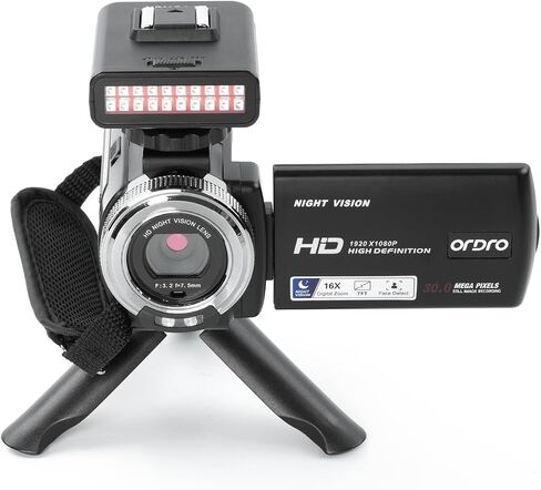 ORDRO HDV-V12 Video Camera Full HD Camcorder Digital Recorder | 1080P 30FPS 30MP | 3.0 Inch Rotation LCD | 16X Digital Zoom | Infrared Night Vision - Black (V12+LN-3 IR Light) in Kuwait