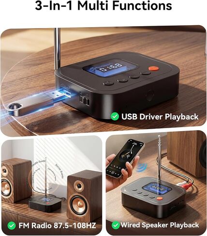Bluetooth 6.0 Audio Receiver, 3-in-1 Wireless Adapter with FM Radio, U-Disk Playback, HD LED Display, Remote Control, Dual Output, Long Battery, Wireless Upgrade for Home Amplifier & Wired Speakers in Kuwait