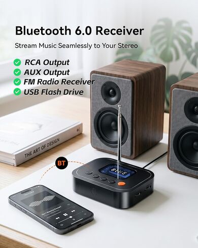 Bluetooth 6.0 Audio Receiver, 3-in-1 Wireless Adapter with FM Radio, U-Disk Playback, HD LED Display, Remote Control, Dual Output, Long Battery, Wireless Upgrade for Home Amplifier & Wired Speakers in Kuwait