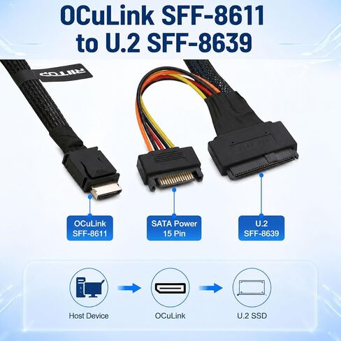 RIITOP Oculink SFF 8611 to U.2 SSD Cable, SFF 8611 4i to SAS SFF-8639 +15P SATA for U.2/U.3 NVMe SSD[1.6ft] in Kuwait