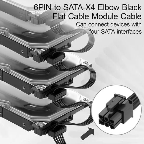 ATX 6Pin to 4 Right Angle SATA Modular Adaptor Cable, Flat Black PSU Cord for RM550X RM650X RM750X RM850X RM1000X RMX Full Modular PSU,85cm(40+15+15+15cm) Desktop 2.5" SSD 3.5" HDD in Kuwait