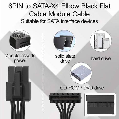 ATX 6Pin to 4 Right Angle SATA Modular Adaptor Cable, Flat Black PSU Cord for RM550X RM650X RM750X RM850X RM1000X RMX Full Modular PSU,85cm(40+15+15+15cm) Desktop 2.5" SSD 3.5" HDD in Kuwait