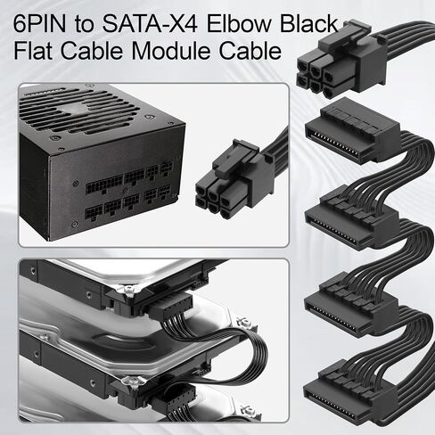 ATX 6Pin to 4 Right Angle SATA Modular Adaptor Cable, Flat Black PSU Cord for RM550X RM650X RM750X RM850X RM1000X RMX Full Modular PSU,85cm(40+15+15+15cm) Desktop 2.5" SSD 3.5" HDD in Kuwait