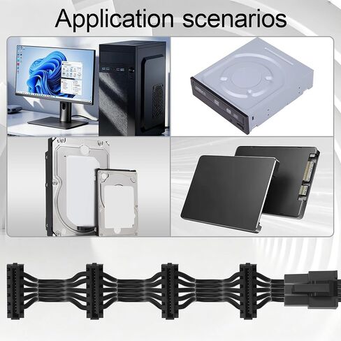 ATX 6Pin to 4 Right Angle SATA Modular Adaptor Cable, Flat Black PSU Cord for RM550X RM650X RM750X RM850X RM1000X RMX Full Modular PSU,85cm(40+15+15+15cm) Desktop 2.5" SSD 3.5" HDD in Kuwait