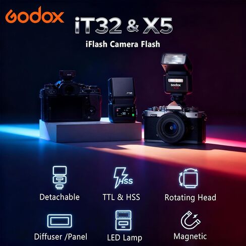 Godox IT32 TTL Camera Flash with X5S Flash Trigger for Sony Cameras,Included MA02 Magnetic kit, Magnetic Hotshoe & Trigger 2-in-1,Colorful Touch Screen,Rotatable Flash Head in Kuwait