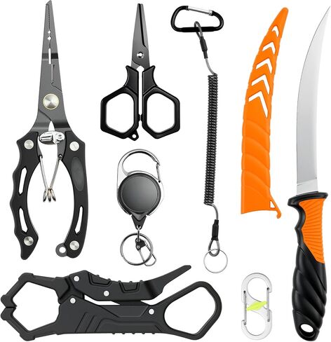 Fishing Gear, 7pc Fishing Tool Set, Fishing Accessories, Corrosion Resistant Fishing Pliers with Lanyard, Fillet Knife, Lip Gripper, Scissors, Retractor, S-Carabiner, Fishing Gifts for Men in Kuwait