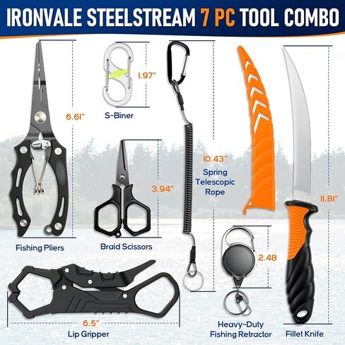 Fishing Gear, 7pc Fishing Tool Set, Fishing Accessories, Corrosion Resistant Fishing Pliers with Lanyard, Fillet Knife, Lip Gripper, Scissors, Retractor, S-Carabiner, Fishing Gifts for Men in Kuwait