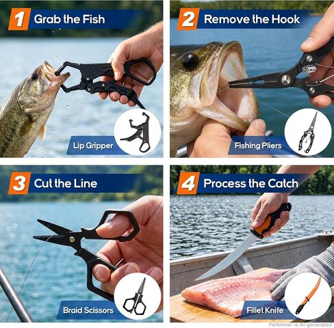 Fishing Gear, 7pc Fishing Tool Set, Fishing Accessories, Corrosion Resistant Fishing Pliers with Lanyard, Fillet Knife, Lip Gripper, Scissors, Retractor, S-Carabiner, Fishing Gifts for Men in Kuwait