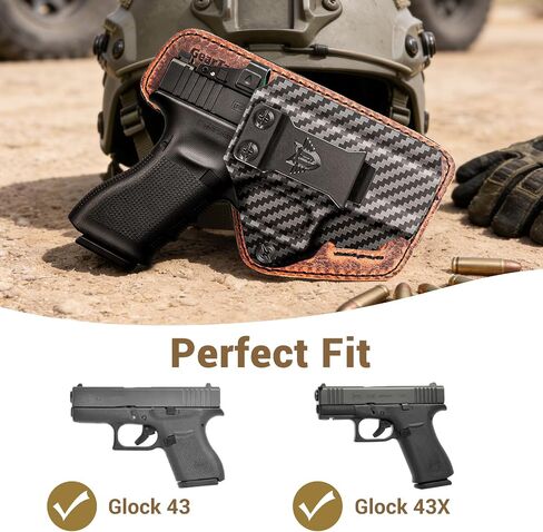 IWB Holster for Glock 43 43X | Carbon Fiber Pattern Kydex & Leather Hybrid | Optics Ready Concealed Carry | Adjustable Retention & Cant | Right Hand Inside Waistband in Kuwait
