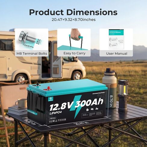 12V 300Ah LiFePO4 Battery, 3840Wh Deep Cycle Lithium Battery, 200A BMS, 15000+ Cycles, Low-Temp Cutoff Protection, Lithium Battery for Solar, RV, Marine, Off Grid in Kuwait