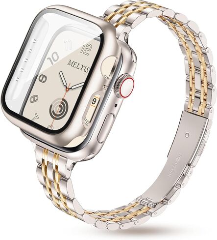 Melyis Slim Metal Band with Case Fits Apple Watch Bands for Women 40mm, Thin Stainless Steel iWatch Bands for Women, Dressy Band for Apple Watch with Screen Protector Series SE 6 5 4, Gold in Kuwait