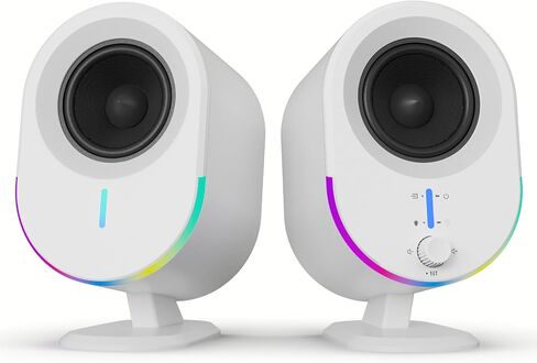 LITTOAK Bluetooth PC Gaming Speakers, 2 * 15W 2.0CH Stereo with 3 EQ & 6 RGB Modes, AC Powered Desktop Speakers with Aux/USB/Headphone Port for Laptop/TV, White in Kuwait