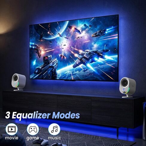 LITTOAK Bluetooth PC Gaming Speakers, 2 * 15W 2.0CH Stereo with 3 EQ & 6 RGB Modes, AC Powered Desktop Speakers with Aux/USB/Headphone Port for Laptop/TV, White in Kuwait