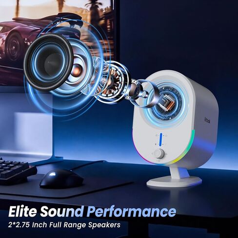 LITTOAK Bluetooth PC Gaming Speakers, 2 * 15W 2.0CH Stereo with 3 EQ & 6 RGB Modes, AC Powered Desktop Speakers with Aux/USB/Headphone Port for Laptop/TV, White in Kuwait