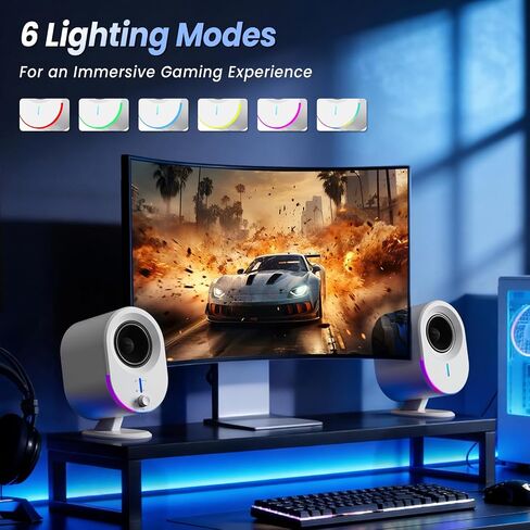 LITTOAK Bluetooth PC Gaming Speakers, 2 * 15W 2.0CH Stereo with 3 EQ & 6 RGB Modes, AC Powered Desktop Speakers with Aux/USB/Headphone Port for Laptop/TV, White in Kuwait