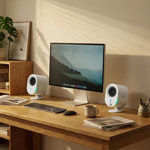 LITTOAK Bluetooth PC Gaming Speakers, 2 * 15W 2.0CH Stereo with 3 EQ & 6 RGB Modes, AC Powered Desktop Speakers with Aux/USB/Headphone Port for Laptop/TV, White in Kuwait