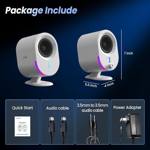 LITTOAK Bluetooth PC Gaming Speakers, 2 * 15W 2.0CH Stereo with 3 EQ & 6 RGB Modes, AC Powered Desktop Speakers with Aux/USB/Headphone Port for Laptop/TV, White in Kuwait