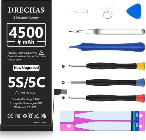 [4500mAh] Battery for iPhone 5S/5C,New Upgraded High Capacity 0 Cycle Li-Polymer Replacement Battery for iPhone 5S/5C with Complete Professional Repair Tool Kit in Kuwait