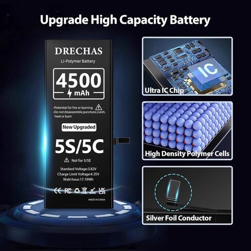 [4500mAh] Battery for iPhone 5S/5C,New Upgraded High Capacity 0 Cycle Li-Polymer Replacement Battery for iPhone 5S/5C with Complete Professional Repair Tool Kit in Kuwait
