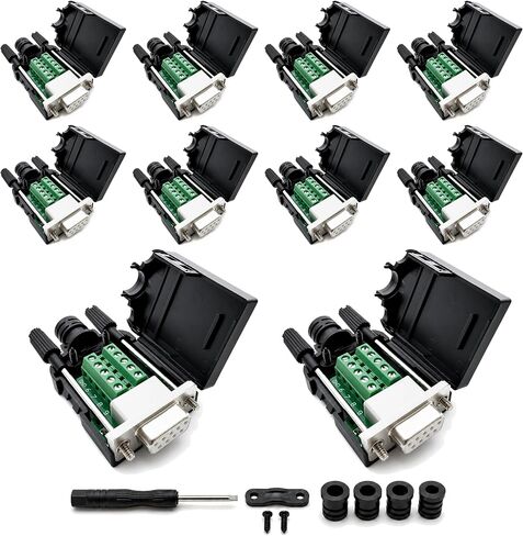 UHUZZ 10PCS DB9 Female Breakout Connector, Solderless 9-Pin D-Sub RS232 Serial Adapter with Screw Terminals, Protective Housing, Long Screws and Tail Pipe for PLC, Modem, Industrial Equipment in Kuwait