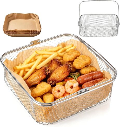 Cabilock 1 Set Stainless Steel Square Air Fryer Basket, 8" Mesh Fryer Basket with Handle + Disposable Nonstick Parchment Liners, Replacement Oven Accessory for Home Cooking in Kuwait