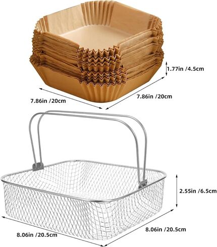 Cabilock 1 Set Stainless Steel Square Air Fryer Basket, 8" Mesh Fryer Basket with Handle + Disposable Nonstick Parchment Liners, Replacement Oven Accessory for Home Cooking in Kuwait