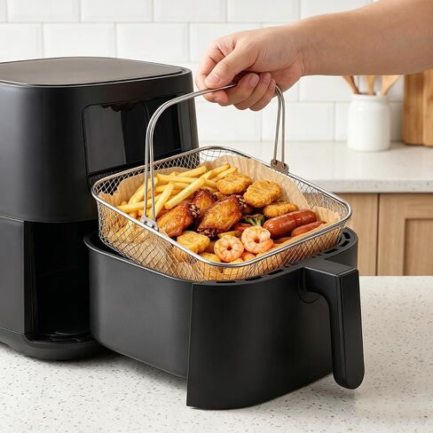 Cabilock 1 Set Stainless Steel Square Air Fryer Basket, 8" Mesh Fryer Basket with Handle + Disposable Nonstick Parchment Liners, Replacement Oven Accessory for Home Cooking in Kuwait