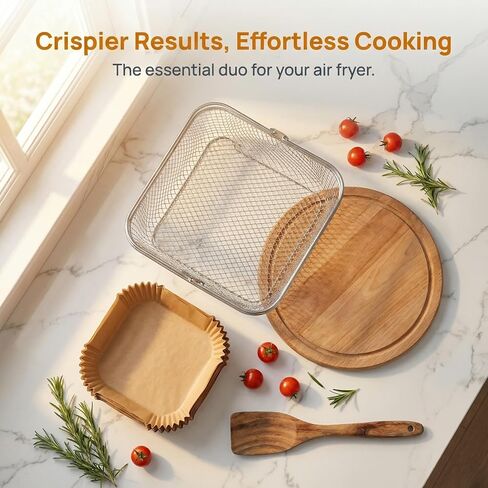 Cabilock 1 Set Stainless Steel Square Air Fryer Basket, 8" Mesh Fryer Basket with Handle + Disposable Nonstick Parchment Liners, Replacement Oven Accessory for Home Cooking in Kuwait