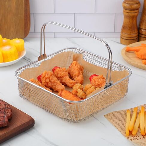 Cabilock 1 Set Stainless Steel Square Air Fryer Basket, 8" Mesh Fryer Basket with Handle + Disposable Nonstick Parchment Liners, Replacement Oven Accessory for Home Cooking in Kuwait