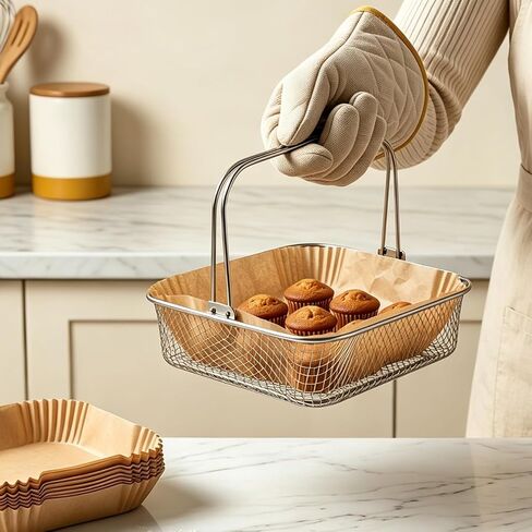 Cabilock 1 Set Stainless Steel Square Air Fryer Basket, 8" Mesh Fryer Basket with Handle + Disposable Nonstick Parchment Liners, Replacement Oven Accessory for Home Cooking in Kuwait