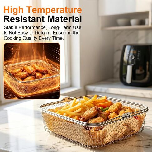 Cabilock 1 Set Stainless Steel Square Air Fryer Basket, 8" Mesh Fryer Basket with Handle + Disposable Nonstick Parchment Liners, Replacement Oven Accessory for Home Cooking in Kuwait